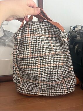 Target Houndstooth Plaid Backpack with Tan Leather Trim
